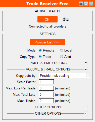 Configure risk settings — Volume & Trade Options — lot sizing and exposure caps